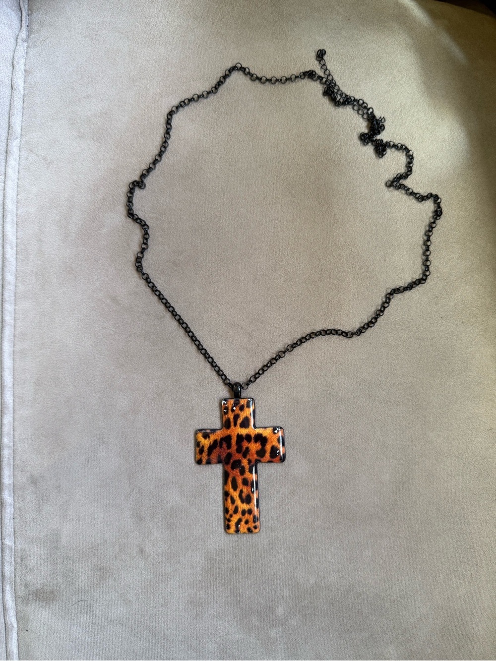 Vintage Y2K Leopard Print Cross Necklace - Orange and Black